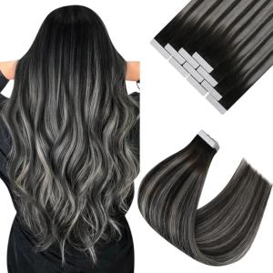 Sunny Hair Tape in Hair Extensions Human Hair 24 Inch Hair Extensions Real Human Hair Tape in Extensions for Women Natural Black Roots to Silver Grey Balayage Virgin Hair Natural Straight 10Pcs 25g