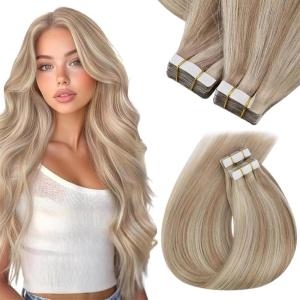 Sunny Hair Tape in Hair Extensions Real Human Hair 16 Inch 40pcs 100g Softness Remy Hair Extensions Tape ins for Women Invisible Ash Blonde Highlight Bleach Blonde with Pink Hue