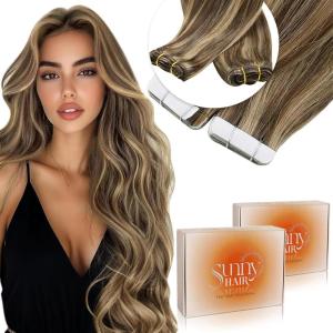 Sunny Hair Weft Hair Extensions with Tape in Hair Extensions Dark Brown Mix Caramel Blonde 18inch 150g