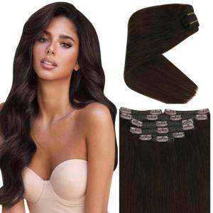 Sunny Tape in Human Hair Extensions and Ve Sunny Clip on Hair Extensions Darkest Brown 18in 170G