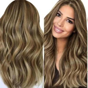 Ve Sunny 12″ Bundle: Human Hair Tape in Extensions 30g + Clip in Hair Extensions Real Human Hair 80g, Dark Brown Highlight Caramel Blonde, Short Hair Extensions, Total 110g 12inch