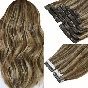 Ve Sunny 16″ Bundle: Tape in Hair Extensions Human Hair 50g + Clip in Brown Hair Extensions Human Hair 120g, Dark Brown Highlights Caramel Blonde, Real Hair Extensions, Total 170g 16inch