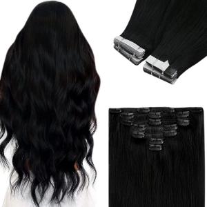 Ve Sunny 2 Pack Total 170G Clip in & Tape in Hair Extensions Real Human Hair Black 16 inch