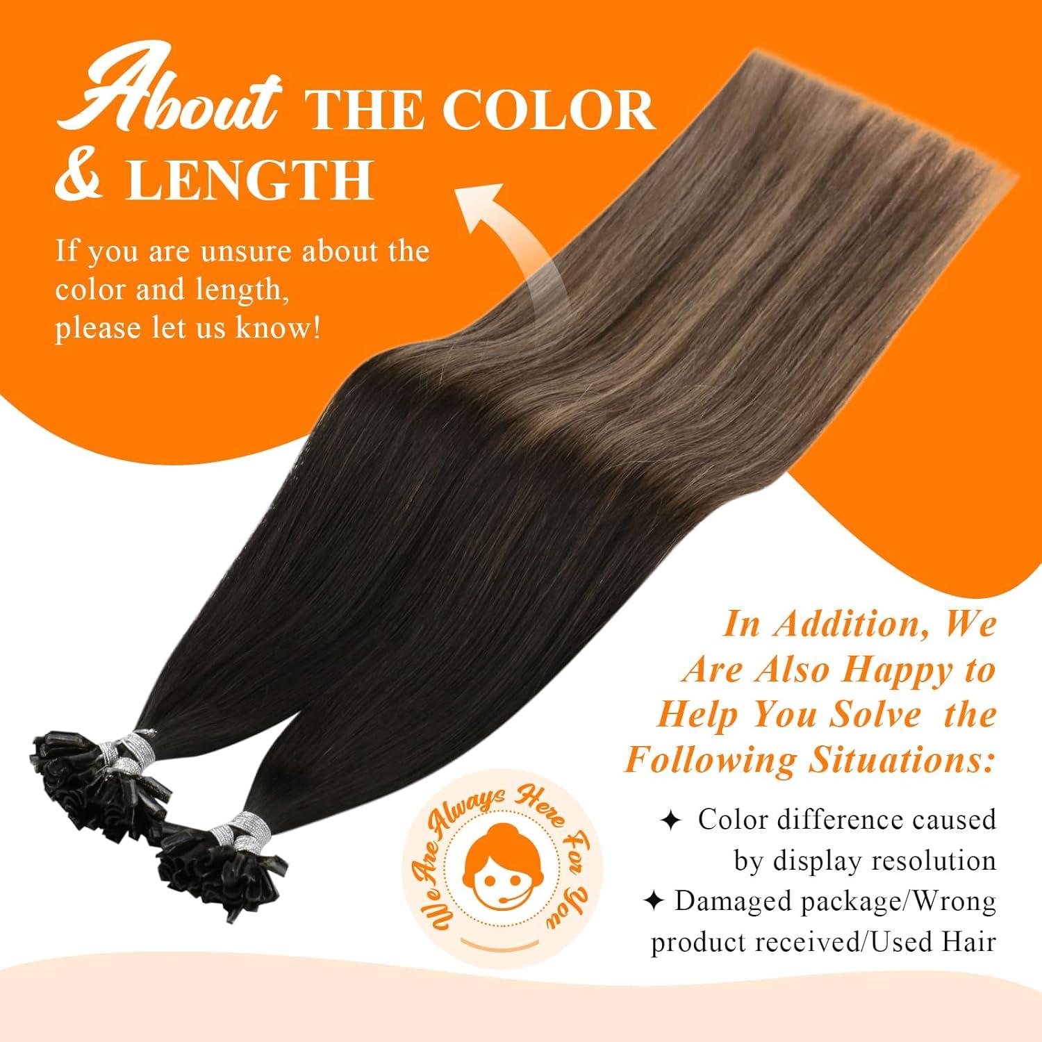 imageSunny Hair 14 Inch U Tip Human Hair Extensions Black Ombre Dark Brown Balayage Medium Ash Blonde Natural Blends Soft Keratin Tips Ideal for Women with Dimensional Color 50g