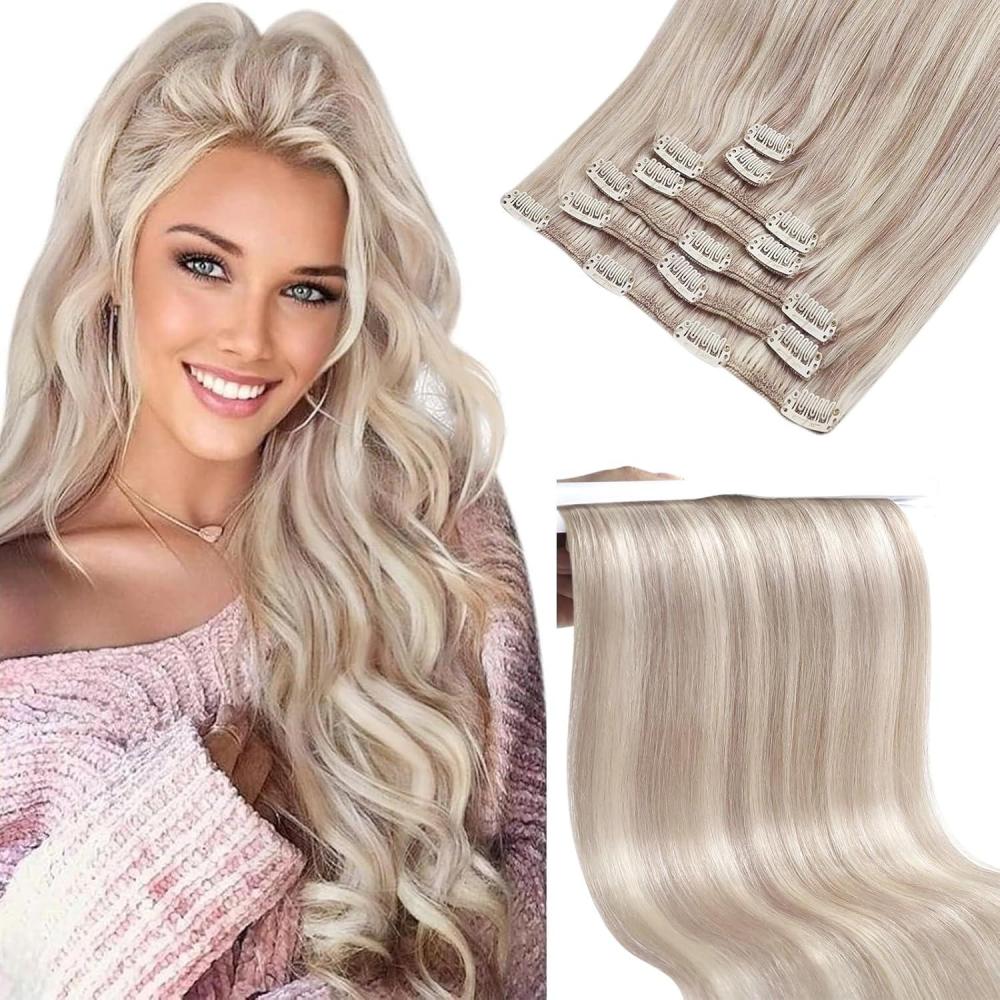 imageSunny Hair Clip in Hair Extensions Real Human Hair 24 Inch 150g Thick Remy Hair Clip in Extensions for Women Blonde Highlights Human Hair Extensions Full Head