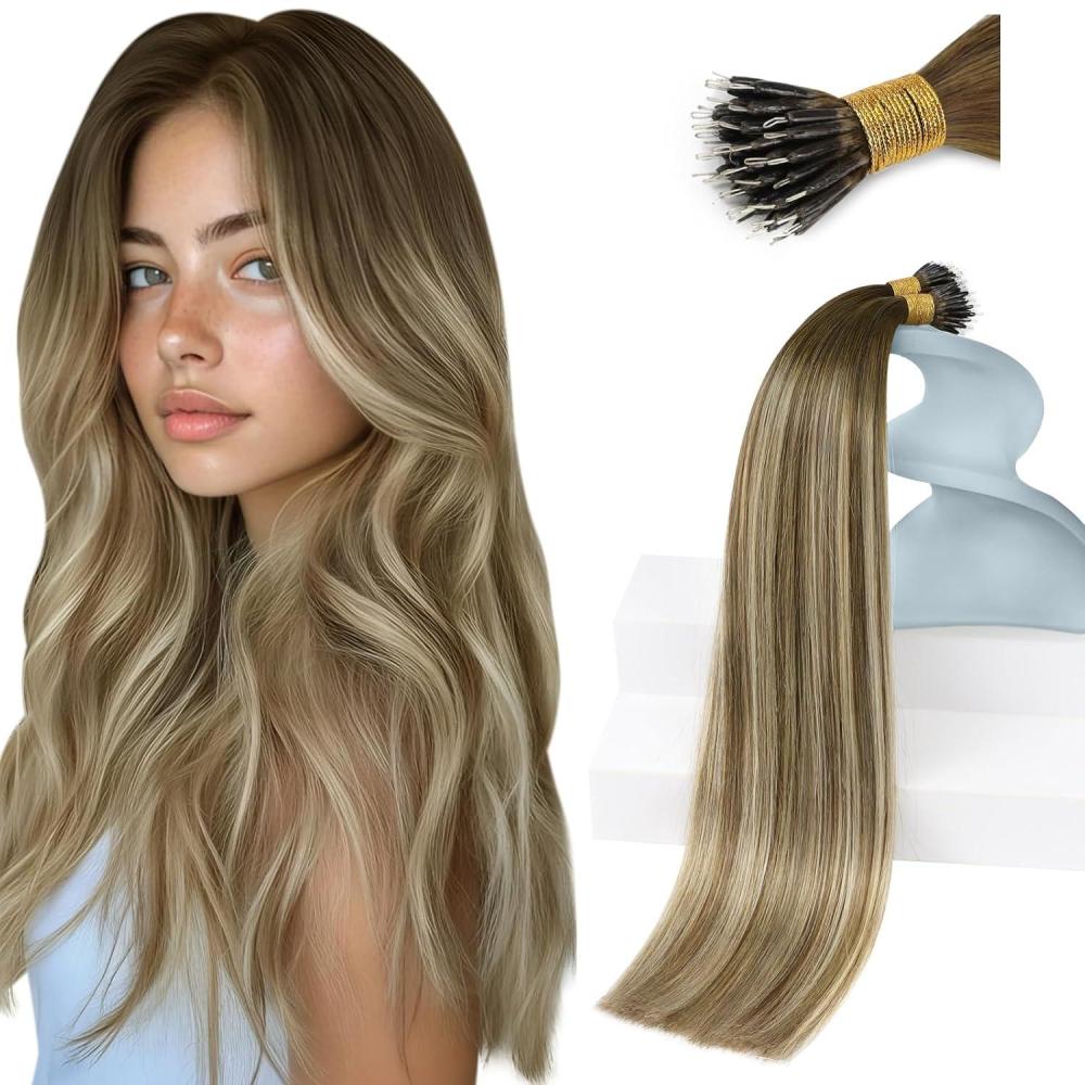 imageSunny Hair Nano Bead Hair Extensions Human Hair Easy to Maintain Nano Human Hair Extensions Balayage Medium Brown to Platinum Blonde Nano Loop Extensions Human Hair 14inch 50g