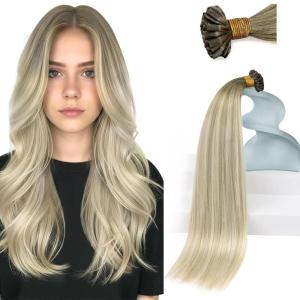 Sunny Hair 24inch U Tip Hair Extension Human Hair Invisible Utip Hair Extensions Ombre Ash Blonde Balayage Platinum Blonde Ktip Human Hair Extensions for Women 50g