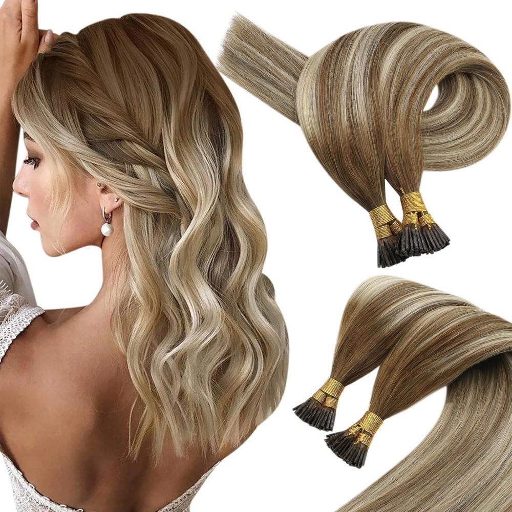 imageSunny Hair 16 Inch I Tip Human Hair Extensions Balayage Brown Ombre Blonde Adds Volume for Women with Fine Hair Prevents Flatness at Formal Dinners and Night Out Events 50g