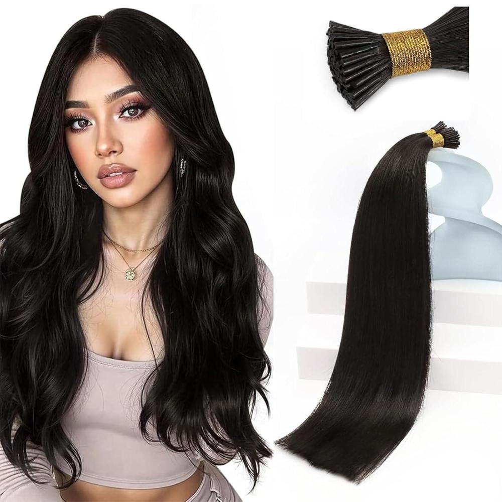 imageSunny Hair 24inch I Tips Hair Extensions Human Hair Invisible Human Hair Itip Extensions Natural Black Pre Bonded Hair 50g