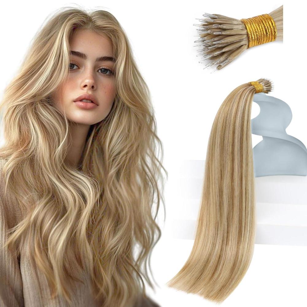 imageSunny Hair Extensions Nano Bead Brown Blonde Nano Bead Hair Extensions Human Hair Light Blonde Mix Platinum Invisible Bead Extensions Human Hair Long 24inch 50g