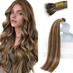 Sunny Hair 14 Inch NanoBead Hair Extensions, Caramel Ribbons on Dark Brown Hair, Soft Nano Beads, Natural Highlight, for Women with Dimensional Color, 50g
