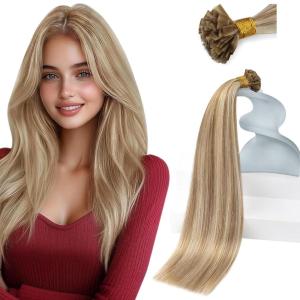 Sunny Hair Flat Tip Hair Extensions Human Hair 24 inches Ktip Human Hair Extensions Light Brown with Blonde Keratin Tip Real Human Hair Extensions 50g