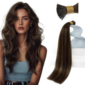 Sunny Hair 22 Inch I Tip Human Hair Extensions, Dark Brown Balayage Ash Brown with Highlight, Natural Bead Design, for All-Day Wear at Work Conferences and Charity Events, 50g