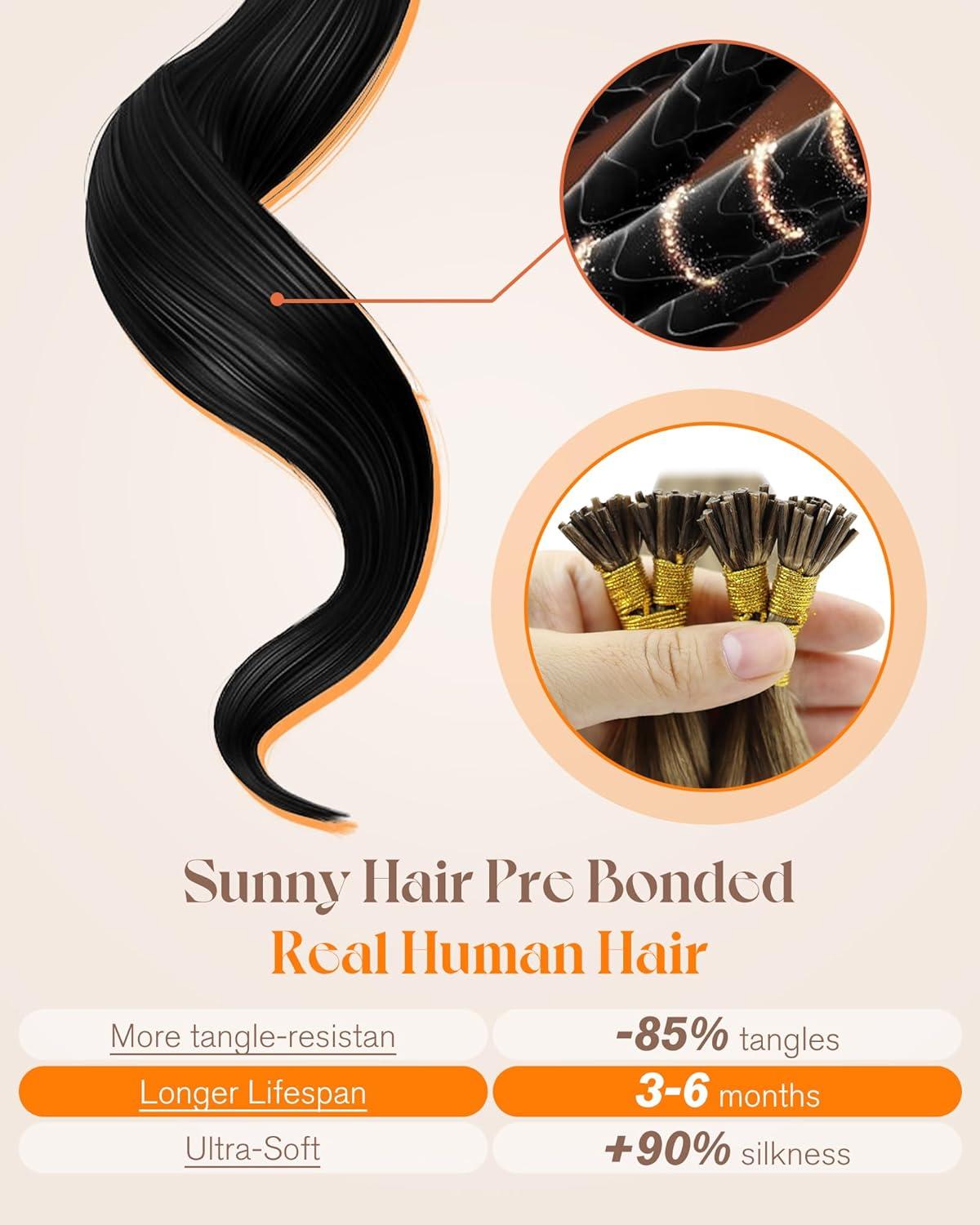 imageSunny Hair 50g 14 Inch I Tip Hair Extensions Real Human Hair Brown Highlight Blonde for Party Use Adds Natural Highlights for Birthday Parties and Night Out Gatherings Prevents Brassiness