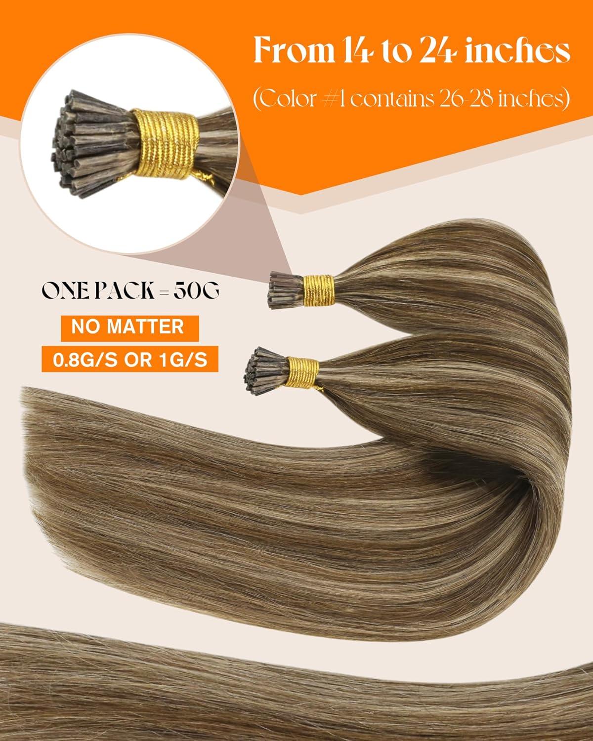 imageSunny Hair 50g 14 Inch I Tip Hair Extensions Real Human Hair Brown Highlight Blonde for Party Use Adds Natural Highlights for Birthday Parties and Night Out Gatherings Prevents Brassiness