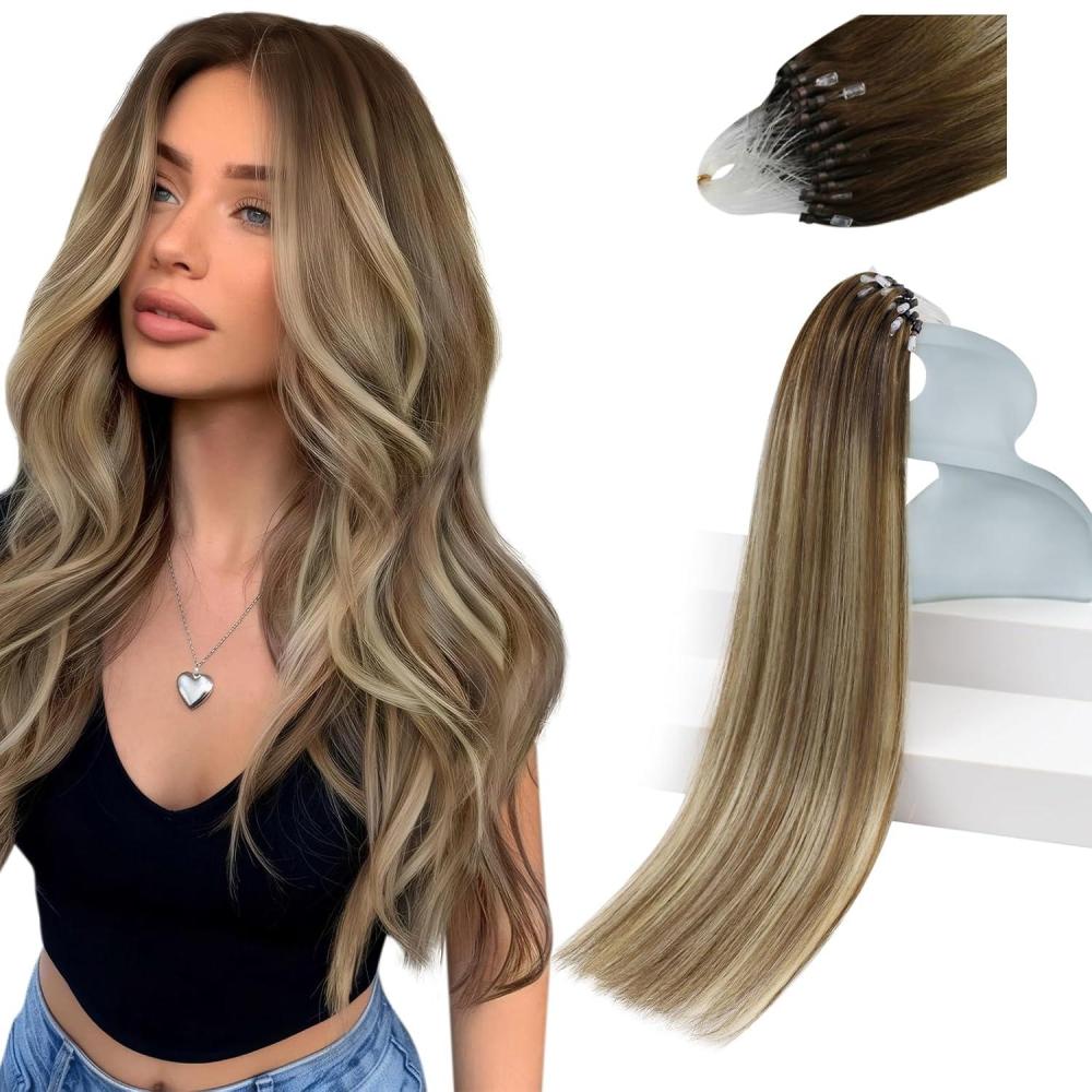 imageSunny Hair 16 Inch Microlink Hair Extensions Human Hair Brown Balayage Ash Brown with Highlights 50g Micro Beaded Strands Adds Natural Fullness for Evening Parties and Social Gatherings