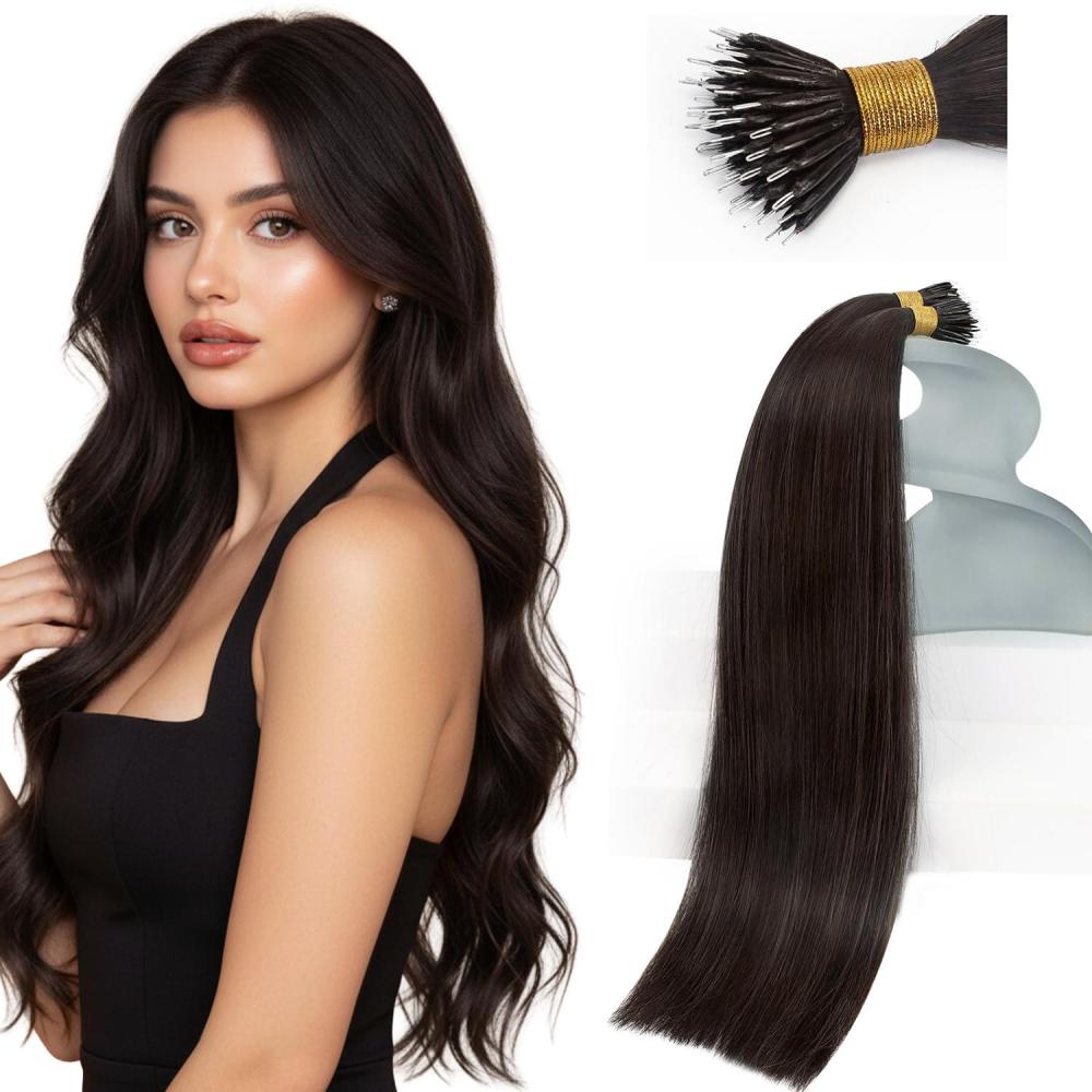 imageSunny Hair 24 Inch Nano Real Human Hair Extensions Darkest Brown for Brides and Wedding Guests Provides Fullness for Ceremony Photos and Reception Dances Prevents Tangling 50g