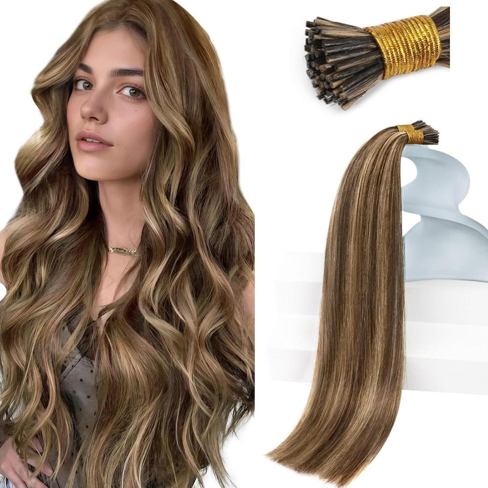 imageSunny Hair 50g 14 Inch I Tip Hair Extensions Real Human Hair Brown Highlight Blonde for Party Use Adds Natural Highlights for Birthday Parties and Night Out Gatherings Prevents Brassiness