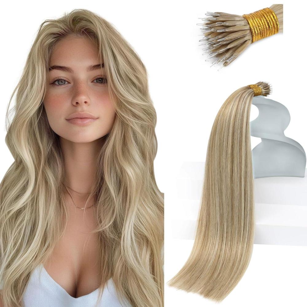imageSunny Hair Beaded Hair Extensions Human Hair Ash Blonde Highlight Golden Blonde Nano Extensions Human Hair Remy Nano Ring Hair Extensions Soft Silky 50g