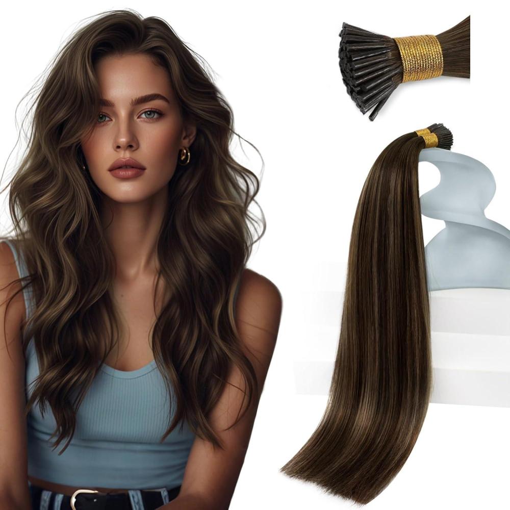imageSunny Hair I Tip Hair Extensions Balayage Dark Brown with Medium Brown Easy to Maintain Cold Fusion Tip for Party Wear Wedding Ceremonies and Formal Dinners 50g 14 Inch
