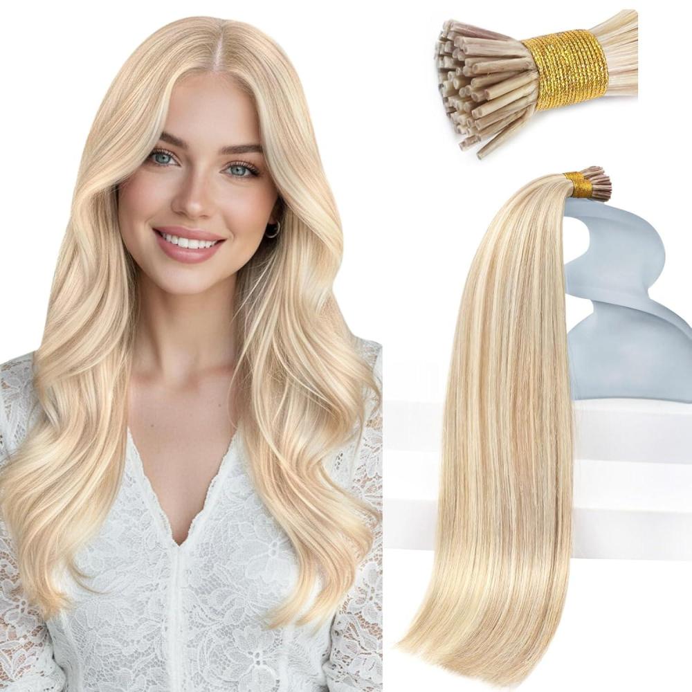 imageSunny Hair I Tips Hair Extensions Real Human Hair Ash Blonde with Platinum Blonde Itip Hair Extensions 20inch I Tip Human Hair Extensions for Women 50g