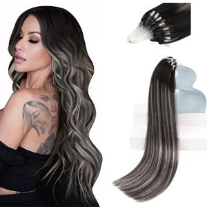 Sunny Hair 24 Inch Micro Loop Human Hair Extensions, Silver Balayage, Remy Micro Bead Hair, Black Balayage Silver Grey, Long Straight Style, for Night Out Events, and Social Gatherings, 50g