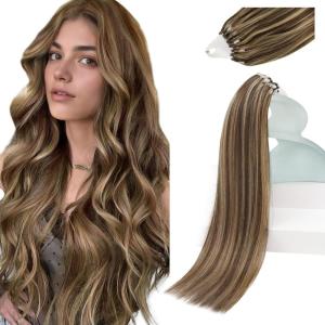 Sunny Hair Micro Link Hair Extensions Human Hair 22inch Micro Hair Extensions Human Hair Brown Highlight Blonde Micro Ring Hair Extension Instant Beauty 50g