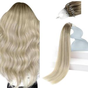 Sunny Hair Micro Link Hair Extensions Human Hair Add Length Micro Hair Extensions Human Hair Ash Blonde Balayage Platinum Blonde Micro Loop Hair Extensions Long Straight Hair 24inch 50g