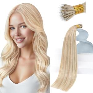 Sunny Hair Nano Tip Hair Extensions Remy Nano Ring Natural Blends Ash Blonde Highlights Bleach 20inch Armpit Level 50g