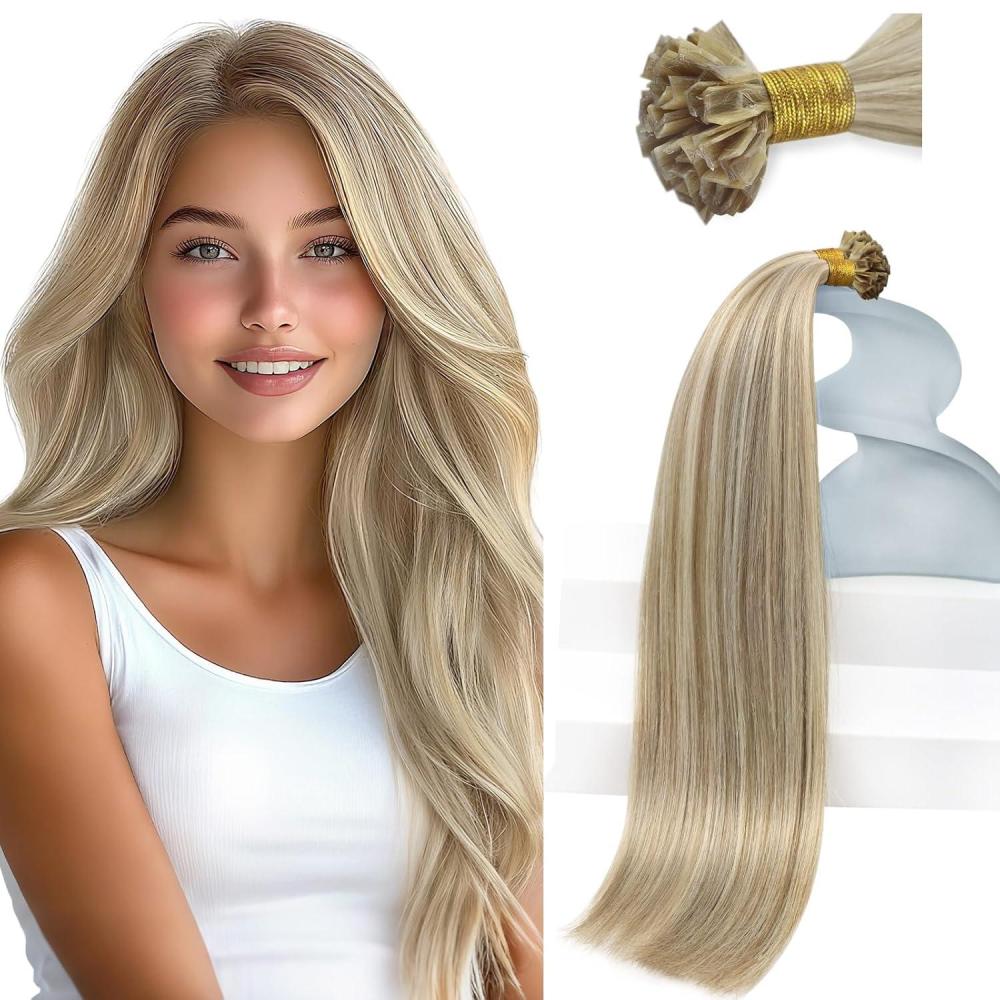 imageSunny Hair 20 Inch K Tip Human Hair Extensions Ash Blonde with Golden Blonde Highlights PreBonded Fusion Soft Silky Texture Suitable for Weddings Parties and Night Out Events 50g