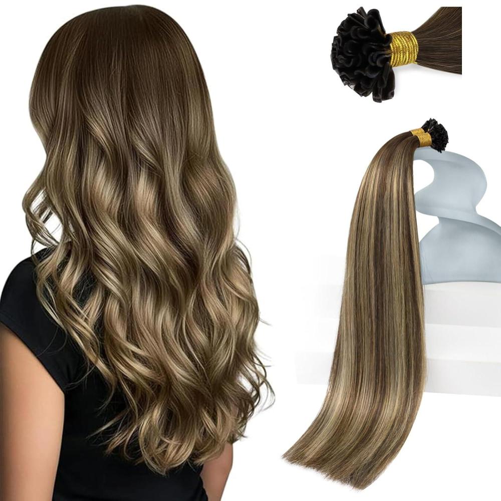 imageSunny Hair Brown Balayage K Tip Hair Extensions Real Human Hair Soft U Tip Hair Extensions Human Hair for Women 14inch 50g