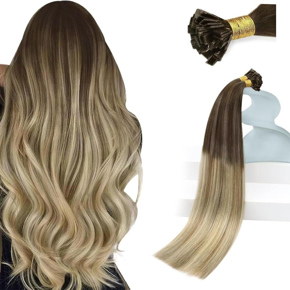 imageSunny Hair Flat Tip Hair Extensions Human Hair Blonde Balayage Brown Keratin Human Hair Extensions 14inch Pre Bonded Keratin Hair Extensions Human Hair 50g