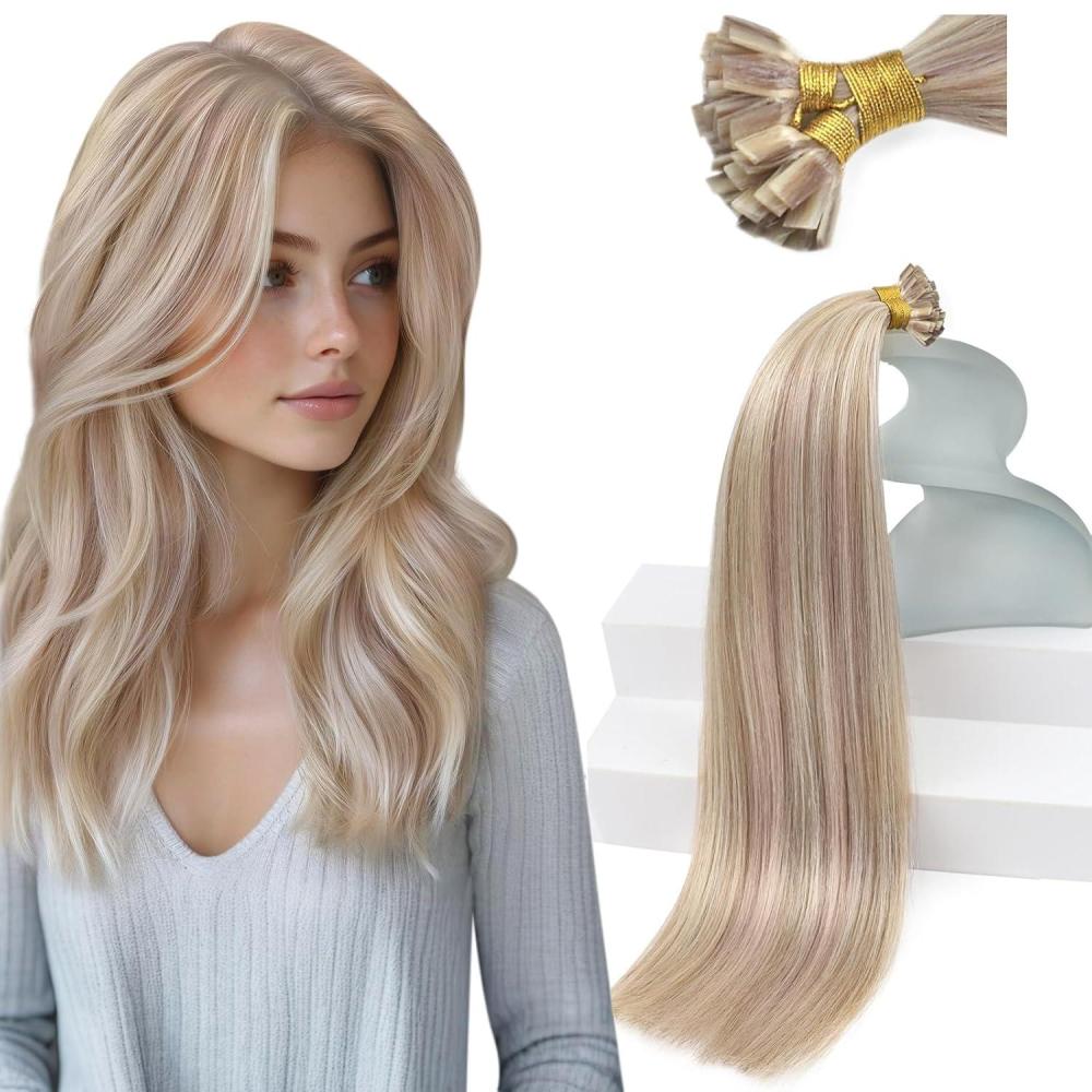 imageSunny Hair Flat Tips Hair Extensions 24inch Flat Tip Hair Extensions Real Human Hair Ash Blonde Highlight Bleach Blonde Ktip Human Hair Extensions 50g