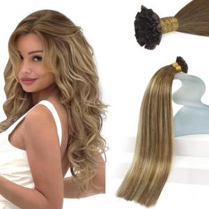 Sunny Hair 14 Inch K Tip Real Human Hair Extensions, Chestnut Brown with Blonde, Keratin Vtips, Designed for Wedding Wear, Evening Parties, and Formal Occasions, Adds Natural Fullness, 50g