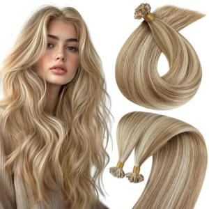 Sunny Hair 16 Inch K Tip Human Hair Extensions, Brown Blonde, Invisible Keratin V Tips, Real Human Hair, Provides Natural Volume for Weddings, Night Out Events, and Social Gatherings, 50g
