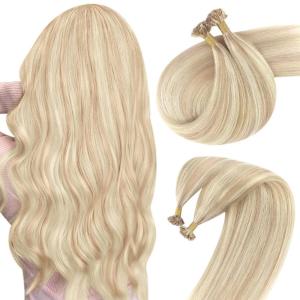 Sunny Hair 16 Inch K Tip Real Human Hair Extensions, Ash Blonde with Platinum Blonde Highlights, Keratin Vtip Human Hair, Creates Curly Styles, for Date Nights and Formal Events, 50g