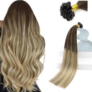 Sunny Hair 18 Inch K Tip Real Human Hair Extensions, Dark Roots to Golden Brown Mix Blonde, Invisible Ktip Vtips for Thin Hair, Adds Volume for Everyday Styling and Special Occasions, 50g