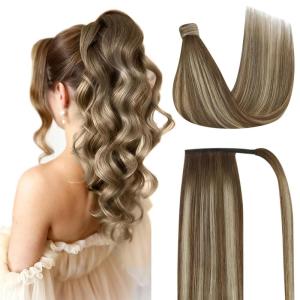 [Sunny and Ve Sunny] Tape in Hair Extensions 18inch and Human Hair Ponytail 16inch Blonde Brown 130G