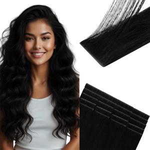 Sunny Hair Invisible Jet Black Injected Tape in Hair Extensions, Real Human Hair, 22 Inch 20Pcs 50g, Natural Invis Edge Tape, Seamless Hand Sewn Hair Extensions