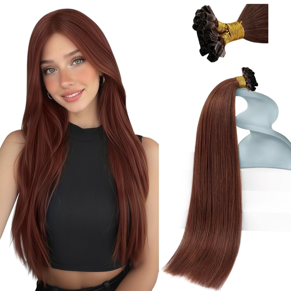 imageSunny Hair 20 Inch Auburn Ktip Human Hair Extensions Auburn Brown Soft Keratin Tips Natural Blend for Party Wear Adds Fullness for Cocktail Parties and Formal Galas 50g