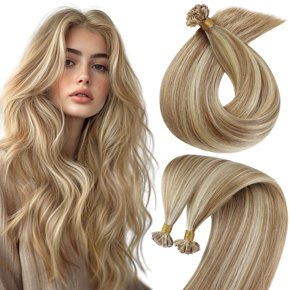 imageSunny Hair 20 Inch K Tip Real Human Hair Extensions Light Brown Mix Platinum Blonde Fusion Keratin Vtip Bonds Soft Texture Adds Volume and Length for Work and Casual Outings 50g