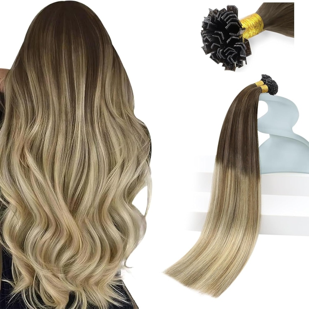 imageSunny Hair 22 Inch K Tip Human Hair Extensions Dark Roots to Golden Brown Mix Blonde Natural Blend Keratin Tips for Evening Parties Celebrations and Professional Settings 50g
