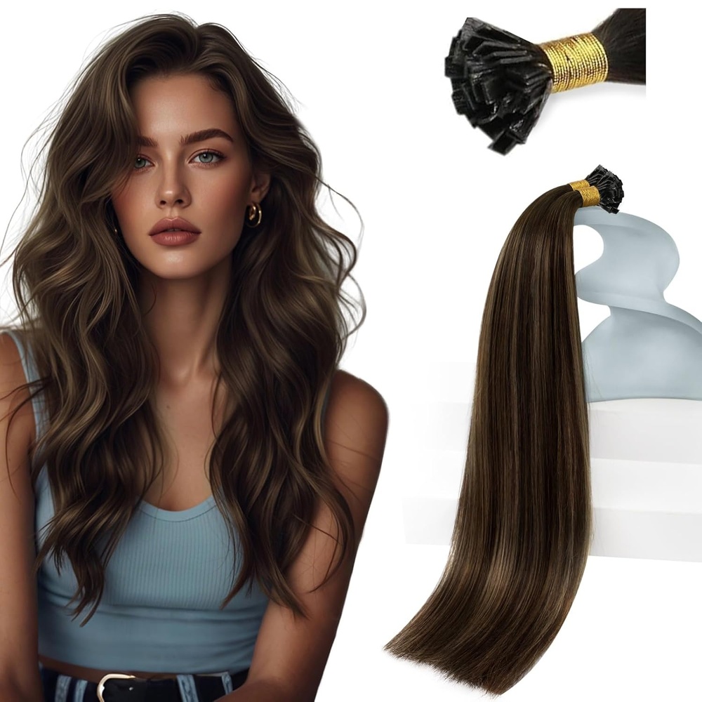 imageSunny Hair 22inch Flat Tip Hair Extensions Keratin Hair Extensions Brown Ombre Ktip Human Hair Extensions for Women 50g