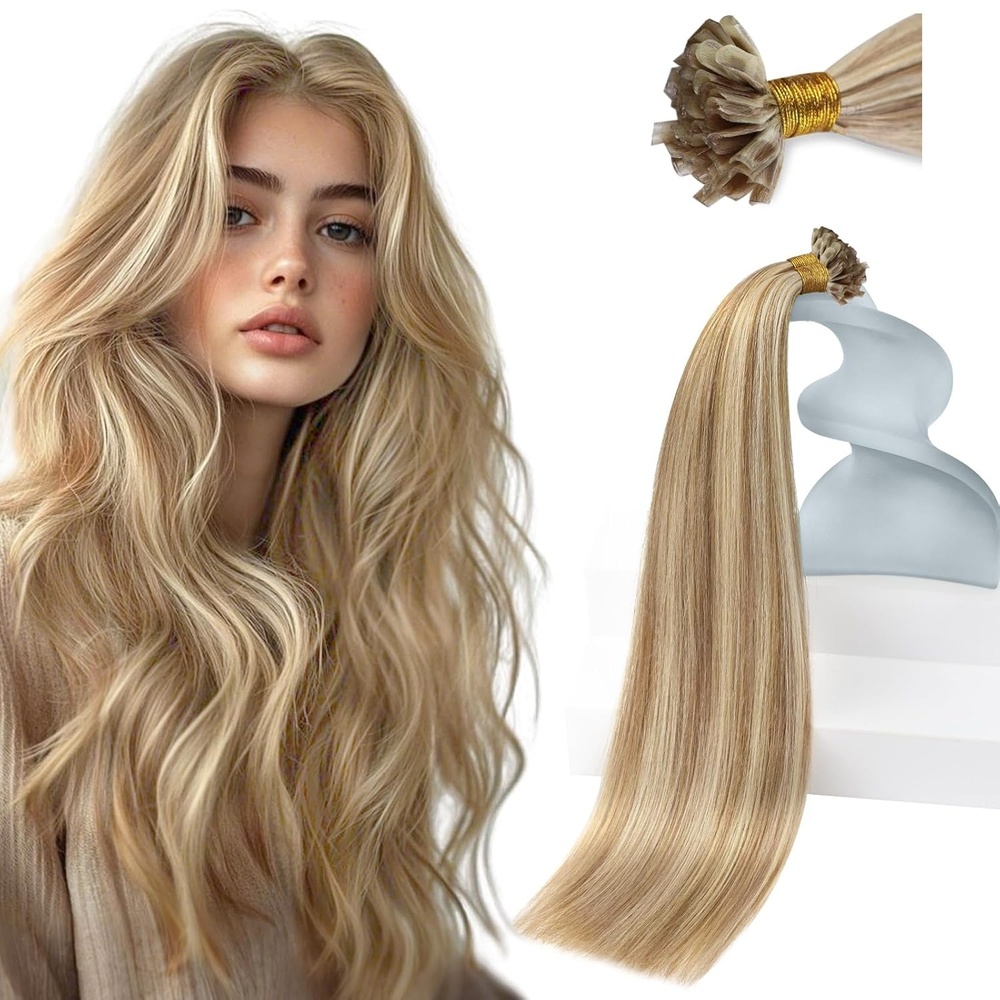 imageSunny Hair U Tip Hair Extensions Human Hair Light Brown Mix Platinum Blonde Utip Hair Extension Invisible Fusion Extensions Soft Keratin Hair Add Volume 14inch 50g