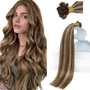 Sunny Hair 14 Inch K Tip Real Human Hair Extensions, Soft Keratin Tips, Medium Brown with Caramel Blonde Highlights, Fusion Design, for Weddings, Parties, and Night Out Events, 50g