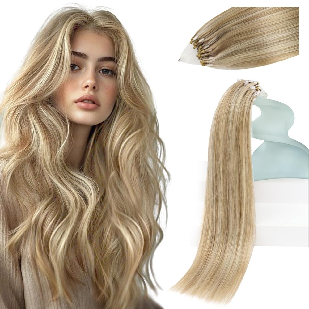 imageSunny Hair Microlink Hair Extensions Human Hair Natural Micro Loop Extensions Dark Ash Blonde Highlights Light Blonde Micro Ring Soft Microbead Hair Extensions Show Charm 16inch 50g