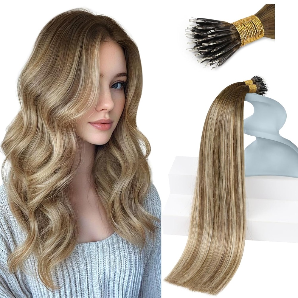 imageSunny Hair Nano Bead Hair Extensions Soft Texture Human Hair Brown Balayage Mix Blonde Invisible Loop Natural Shine for Women Adds Volume for Parties and Weddings 50g 14 Inch
