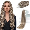 Sunny Hair 14 Inch Invisible Micro Link Human Hair Extensions, Light Brown Highlights Platinum Blonde, 50g Micro Bead Hair,for Women with Fine Hair Seeking Natural Volume