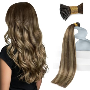 Sunny Hair 16 Inch I Tip Hair Extensions Real Human Hair, Medium Brown Balayage Caramel Blonde Mix, for Women with Naturally Dark Hair, Blends Highlights for Professional Events, 50g