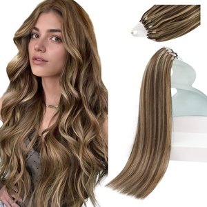 Sunny Hair 16 Inch Micro Link Hair Extensions Human Hair, Darkest Brown Highlights Caramel Blonde, Soft Beads, Invisible Tips, Easy to Maintain, Natural Shine, for Women with Short Hair, 50g